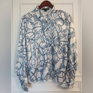 Boston Proper Blue & White Baroque Chain Print Button Up Blouse Size 16